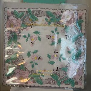 New Mauve Pink & Mint Floral Hand Embroidery Real Silk Chinoiserie Handkerchief